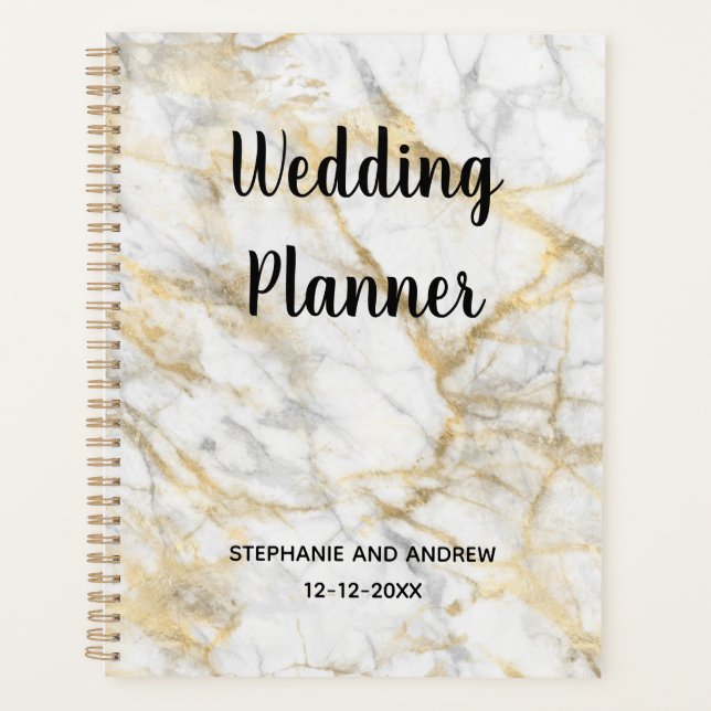 Gold Marble Trendy Personalized Wedding Planner (Front)
