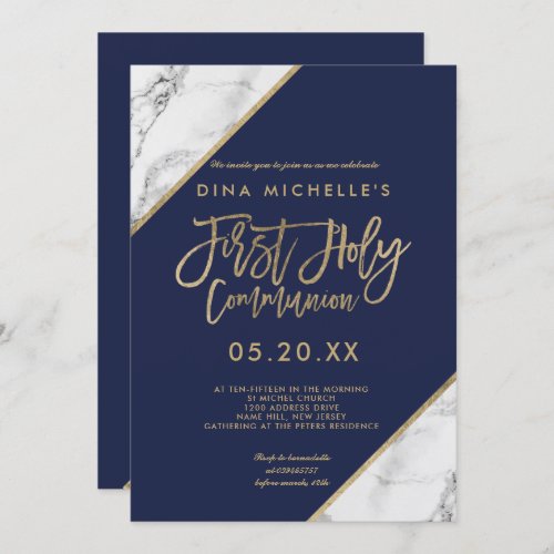 Gold marble typography navy blue 1st communion invitation