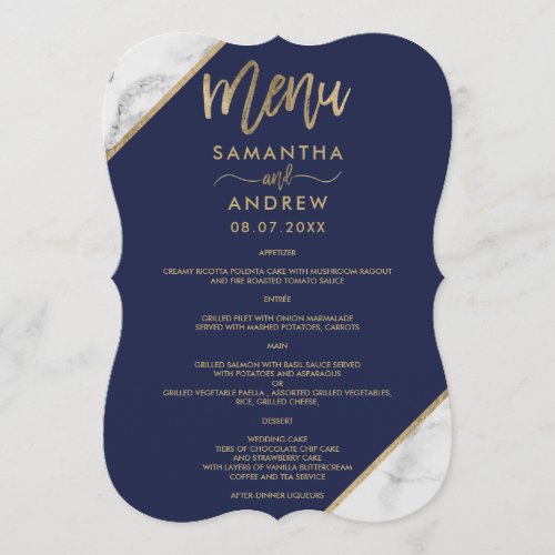 Gold marble typography navy blue wedding food menu
