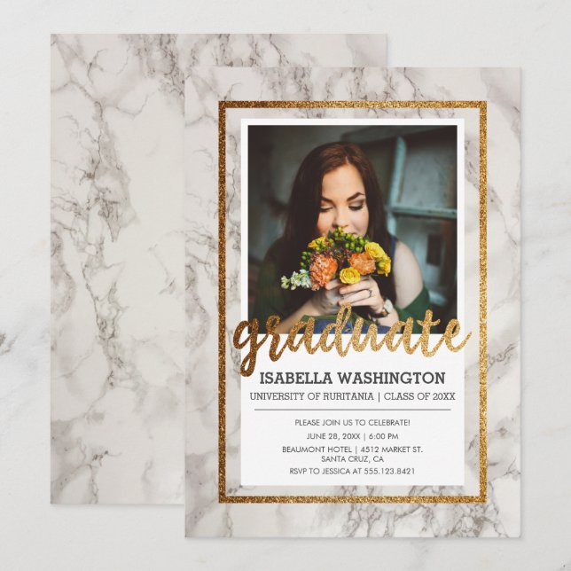 Gold & Marble Typography | Photo Graduation Party Invitation (Front/Back)