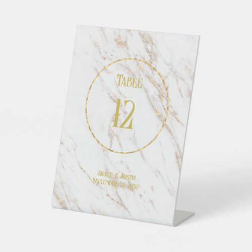 Gold Marble wText In Gold Circle Tabletop  Pedestal Sign