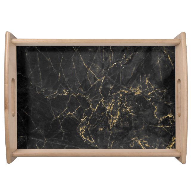 Gold Marbling Black Background Texture Serving Tray (Front)