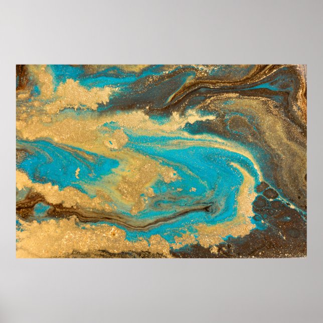Gold marbling texture design. Blue and golden marb Poster (Front)