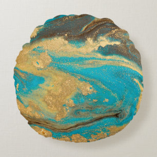 Gold marbling texture design. Blue and golden marb Round Pillow