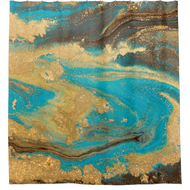 Gold marbling texture design. Blue and golden marb Shower Curtain (Front)