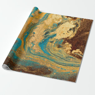 Gold marbling texture design. Blue and golden marb Wrapping Paper