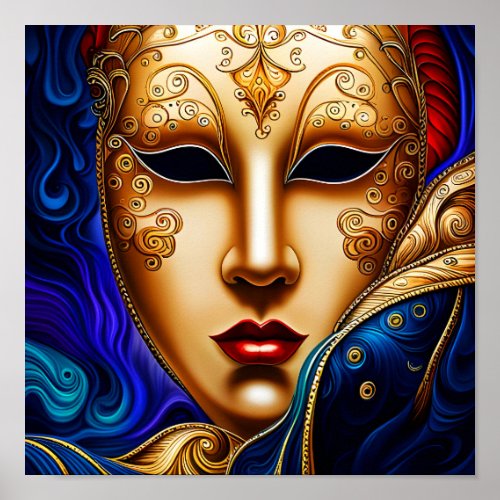 Gold Mardi Gras Mask with Red Lips Poster