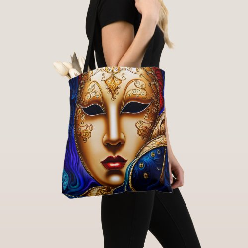 Gold Mardi Gras Mask with Red Lipstick Tote Bag