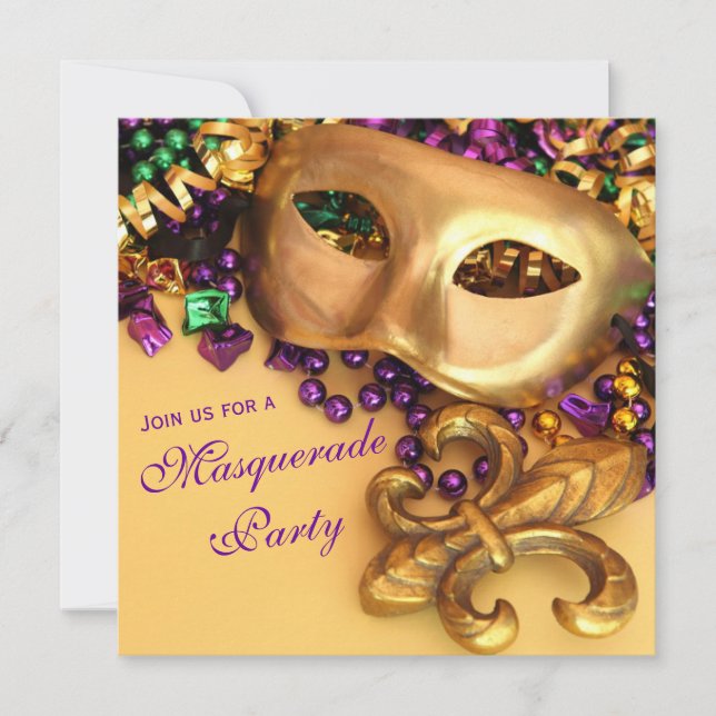 Gold Mardi Gras Masquerade Party Invitations (Front)