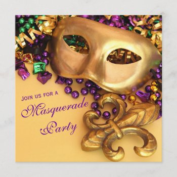 Gold Mardi Gras Masquerade Party Invitations by DaisyPrint at Zazzle