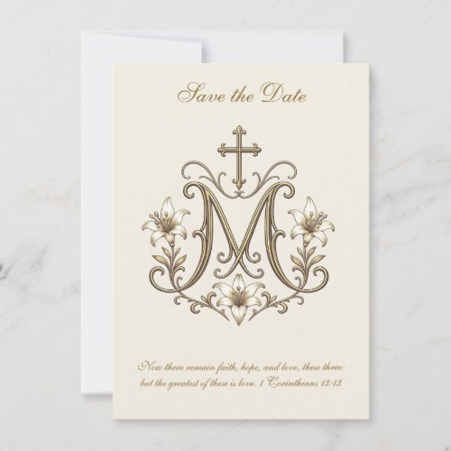 Gold Marian Cross Monogram Catholic Wedding Save The Date