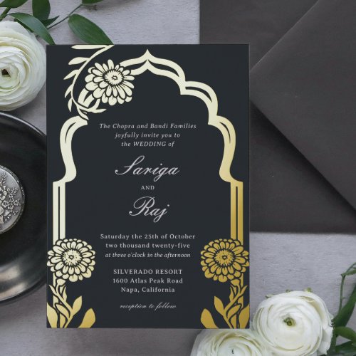 Gold Marigold Indian Wedding Invitation Foil Invitation