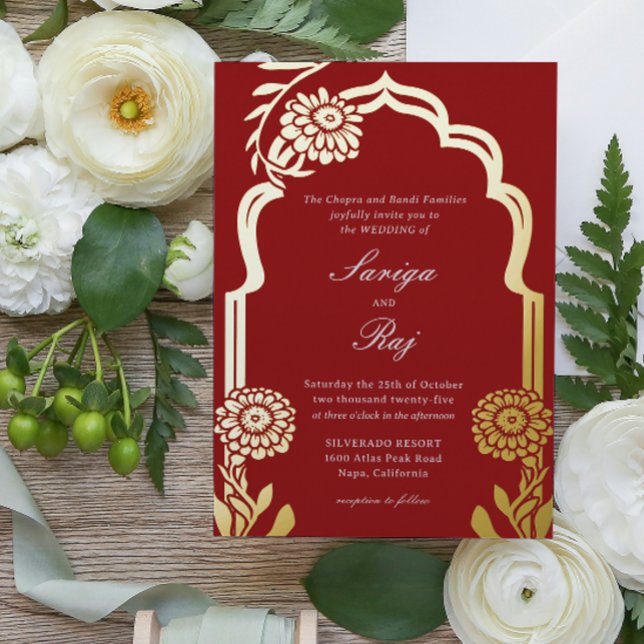 Gold Marigold Indian Wedding Invitation Foil Invitation (indian wedding invitation, hindu wedding invitation red marigold floral gold foil mundap arch invite)