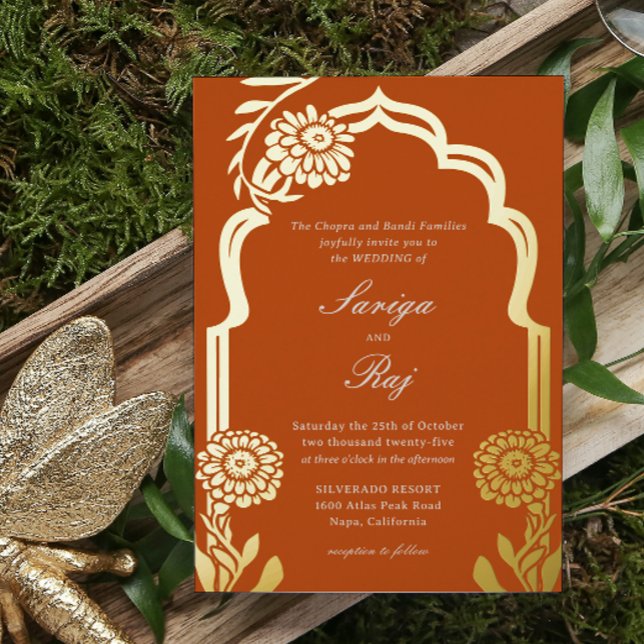 Gold Marigold Indian Wedding Invitation Foil Invitation (indian wedding invitation, hindu wedding invitation, gold foil orange marigold flower mundap arch)
