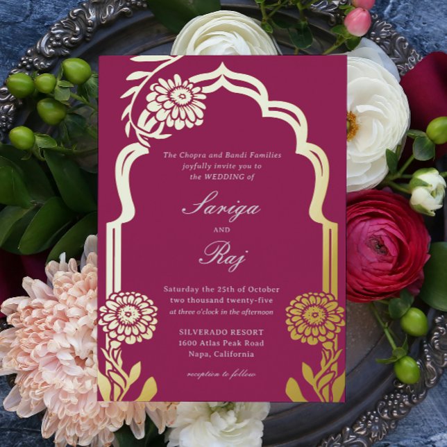 Gold Marigold Indian Wedding Invitation Foil Invitation (indian wedding invitation, hindu wedding invitation, gold foil marigold mundap canopy arch invite)