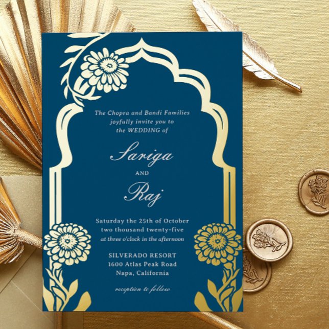 Gold Marigold Indian Wedding Invitation Foil Invitation (indian wedding invitation, hindu wedding invitation, gold floral marigold flower mundap canopy arch)