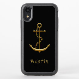 Gold maritime anchor on black nautical custom name OtterBox symmetry iPhone XR case