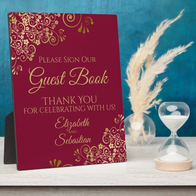 Gold & Maroon Burgundy Sign Our Guest Book Wedding Plaque (Side)