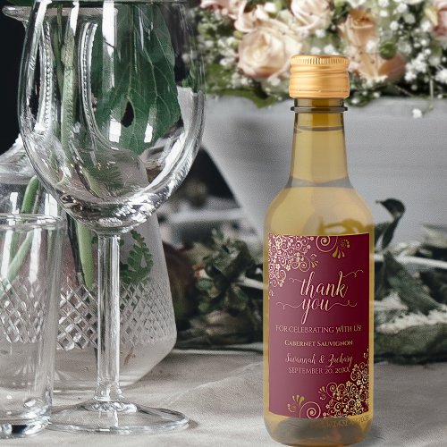 Gold  Maroon Burgundy Wedding Thank You Mini Wine Label