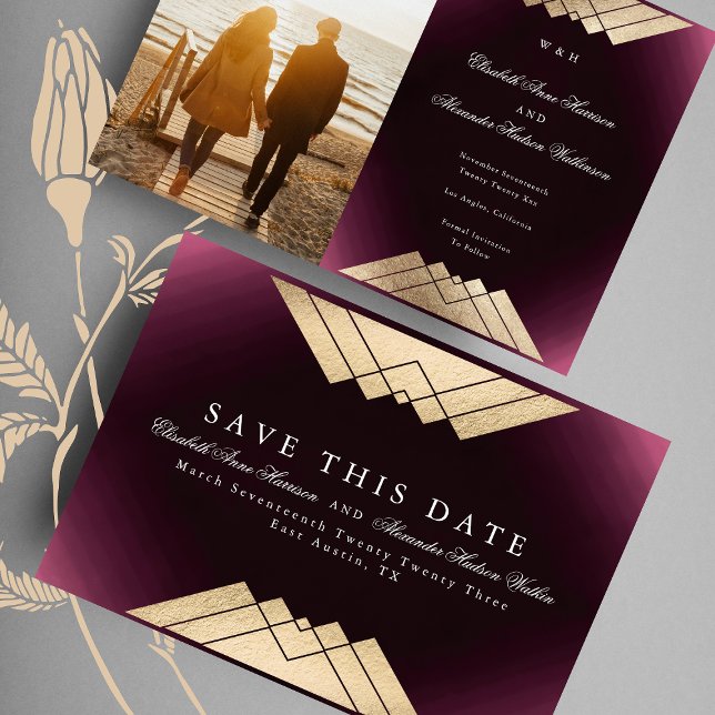 Gold Maroon Geometric Gatsby Foil Save The Date Announcement (Creator Uploaded)