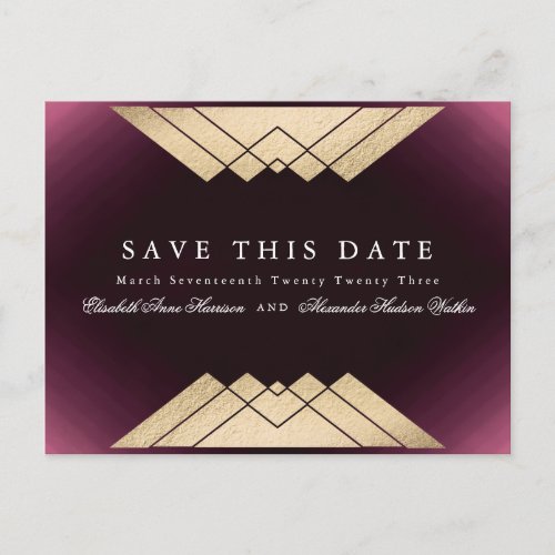 Gold Maroon Geometric Gatsby Foil Save The Date Announcement Postcard
