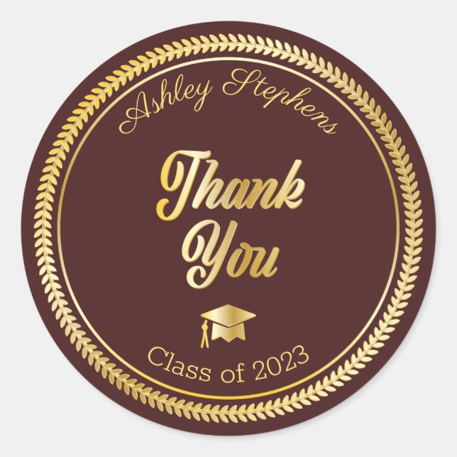 Gold | Maroon Grad Cap Class of 2026 Thank You Classic Round Sticker (Front)