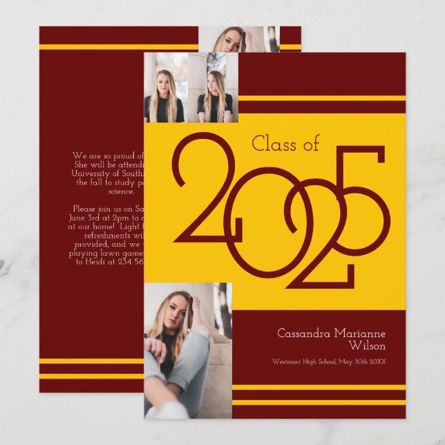 Gold Maroon School Colors Graduation Announcement (Front/Back)