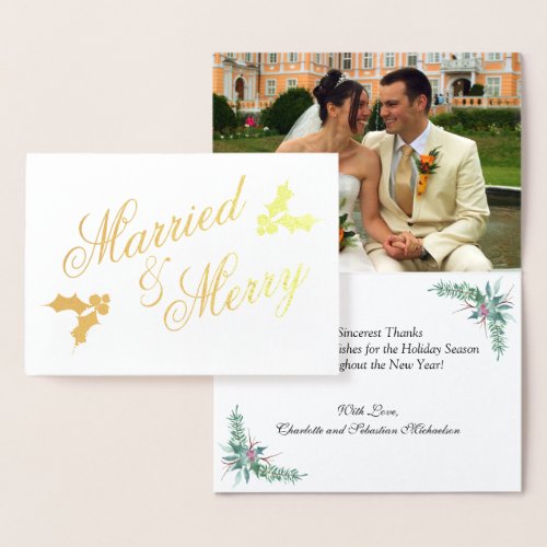 Gold Married and Merry Christmas Holiday Photo Foil Card