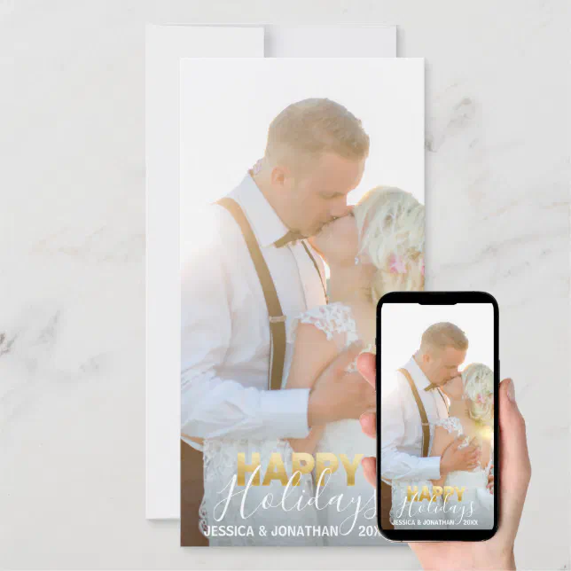 Gold MARRIED First Happy Holidays Add PHOTO Holiday Card Zazzle