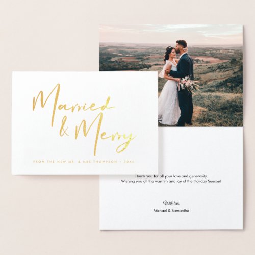 Gold Married  Merry Christmas Thank you Wedding F Foil Card