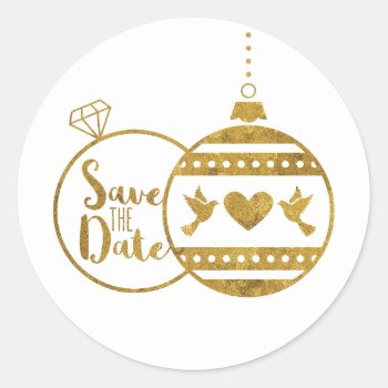 Gold  Marry And Bright Christmas Save The Date Classic Round Sticker by INAVstudio at Zazzle