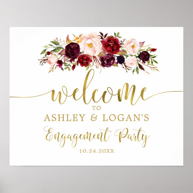 Gold Marsala Boho Autumn Engagement Party Poster (Front)