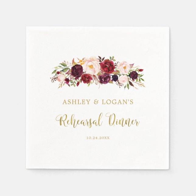 Gold Marsala Floral Boho Rehearsal Dinner  Napkins (Front)
