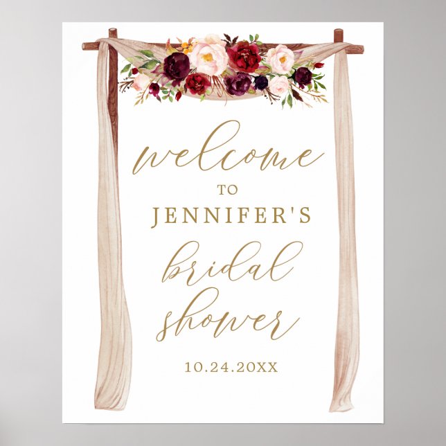 Gold Marsala Floral Bridal Shower Welcome Poster (Front)