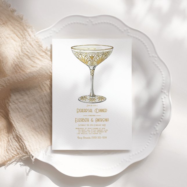 Gold Martini Glass 1920s Art Deco Rehearsal Dinner Invitation (Gold Martini Glass 1920s Art Deco Rehearsal Dinner Invitation)
