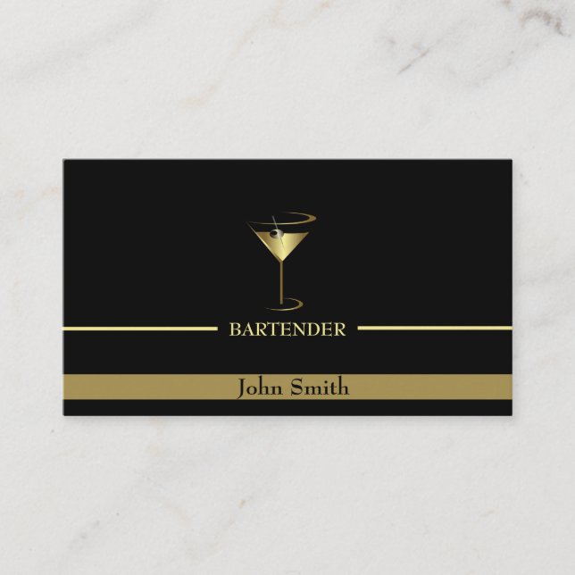 Gold Martini Logo Bartender Business Card (Front)