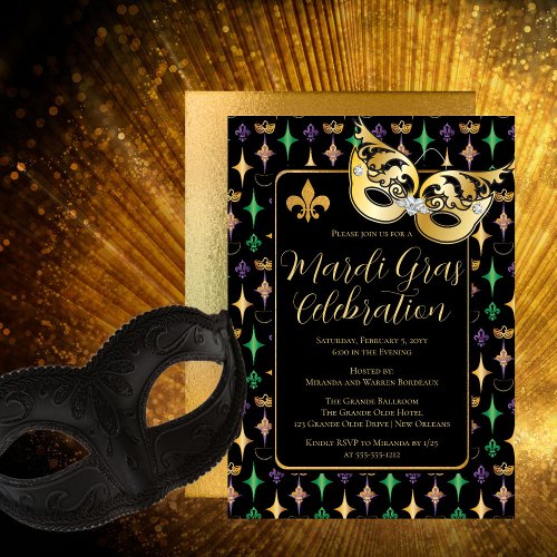 Gold Mask Fleur de Lis Mardi Gras Party  Invitation