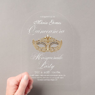Gold Mask Masquerade Quinceanera Birthday  Acrylic Invitations