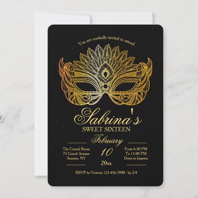 Gold Mask Masquerade Sweet Sixteen Invitation (Front)