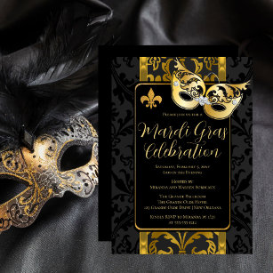 Gold Mask Vintage Black Damask Mardi Gras Party Invitation
