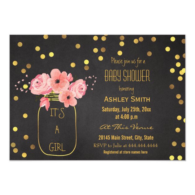 Gold Mason Jar Confetti Chalkboard Baby Shower Invitation