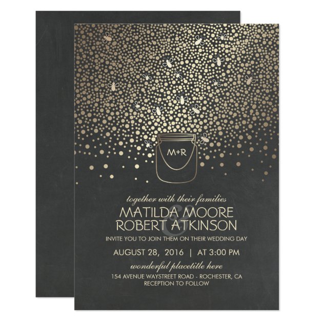 Gold Mason Jar Fireflies Rustic Wedding Invitation