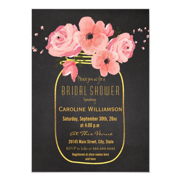 Gold Mason Jar Flowers Chalkboard Bridal Shower Invitation