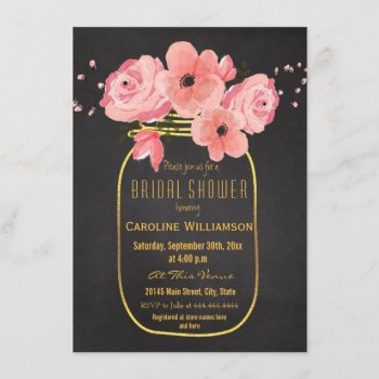 Gold Mason Jar Flowers Chalkboard Bridal Shower Invitation by Eugene_Designs at Zazzle