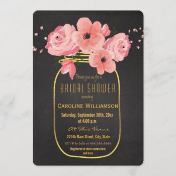 Gold Mason Jar Flowers Chalkboard Bridal Shower Invitation by Eugene_Designs at Zazzle