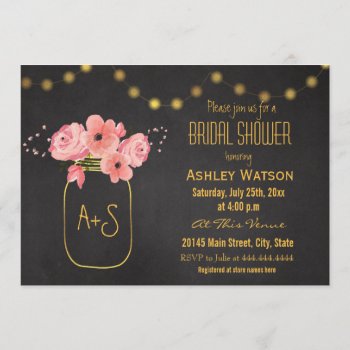 Gold Mason Jar Lights Chalkboard Bridal Shower Invitation by Eugene_Designs at Zazzle