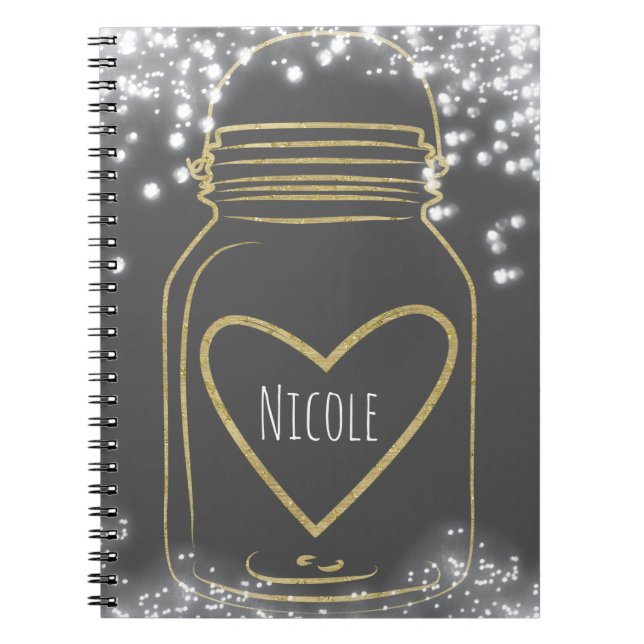 Gold Mason Jar & Lights Rustic Glam Any Color Notebook (Front)