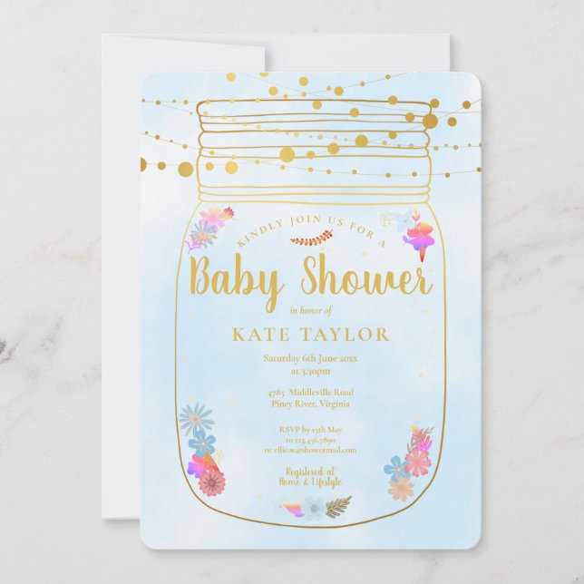Gold Mason Jar String Lights Baby Shower Invitation (Front)