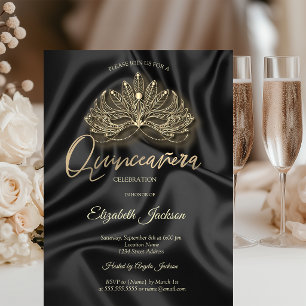 Gold Masque Black Satin Quinceanera  Invitation