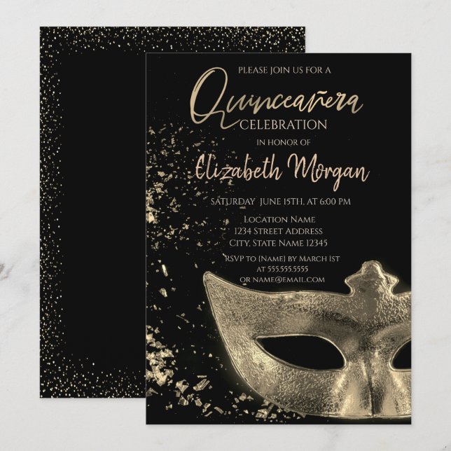 Gold Masque,Confetti  Quinceañera  Invitation (Front/Back)